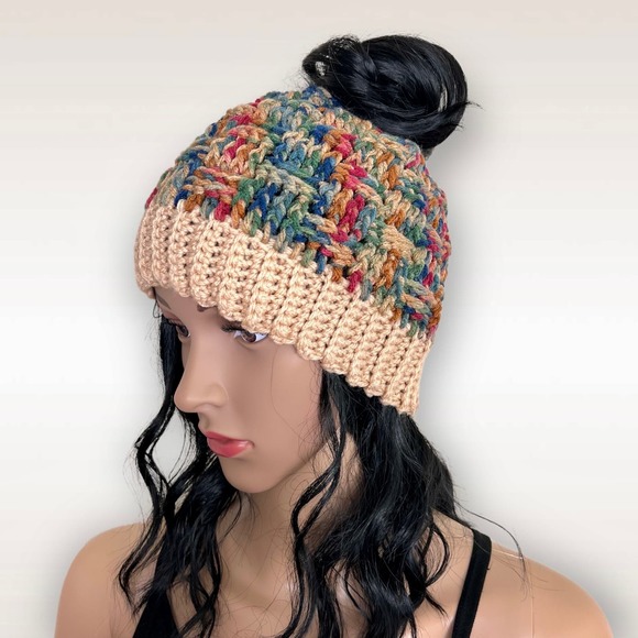 Knit Messy Bun High Ponytail Beanie Hat Basket Weave Multicolor Unlined One Size - Picture 1 of 7